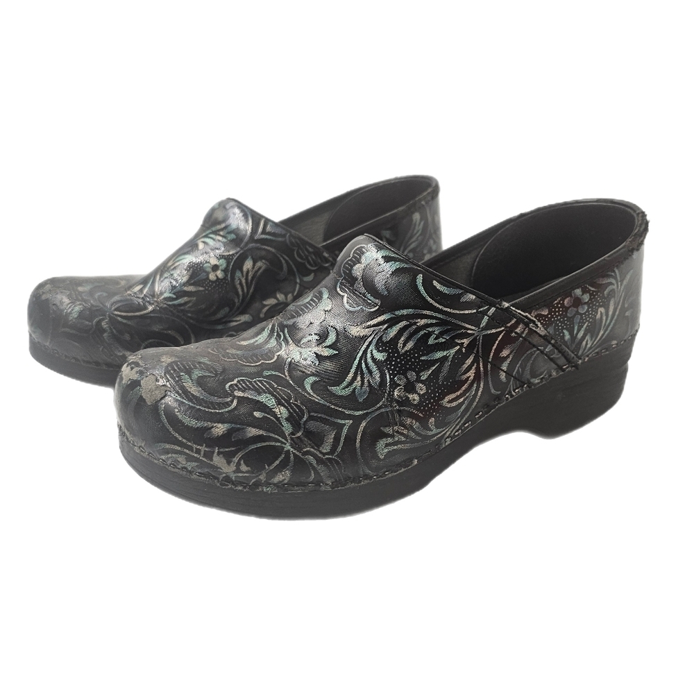 Dansko Womens Clogs Size 41 Blue Silver Floral Professional Comfort Shoes